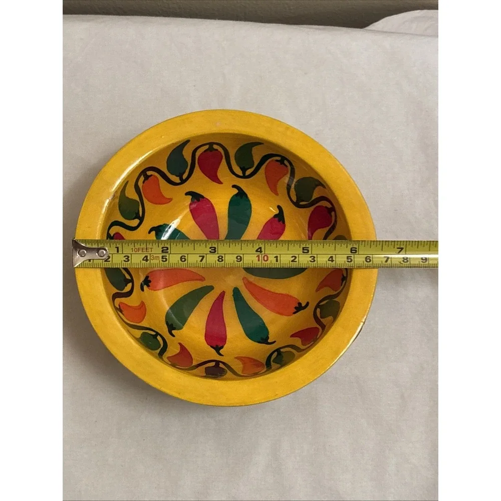 Pedro Marcos Signed Mexican Folk Art Hand Painted Wood Chili Pepper Bowl Yellow